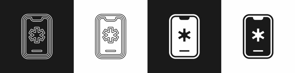 Set Telephone with emergency call 911 icon isolated on black and white background. Police, ambulance, fire department, call, phone. Vector