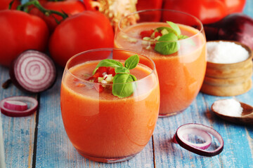 Cold Spanish soup Gazpacho served in glasses