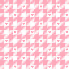 Pink gingham check plaid with heart seamless pattern. Pastel vichy tartan background. Vector flat backdrop. Design for blanket, shirt, wrapping, Easter holiday fashion fabric