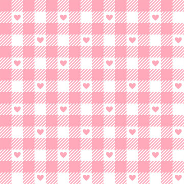 Pink gingham check plaid with heart seamless pattern. Pastel vichy tartan background. Vector flat backdrop. Design for blanket, shirt, wrapping, Easter holiday fashion fabric