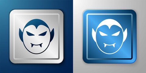 White Vampire icon isolated on blue and grey background. Happy Halloween party. Silver and blue square button. Vector