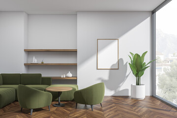 Bright living room interior with empty white poster, two armchairs