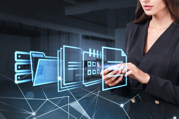Office woman hands touch phone screen, documents storage in big