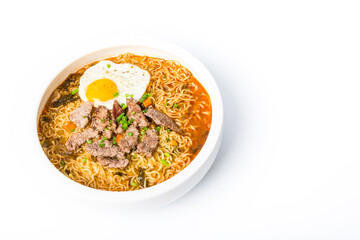 A basin of Korean instant noodles on a white background