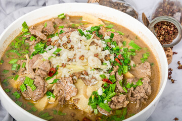A pot of water-boiled meat slices