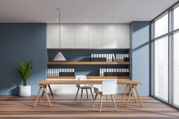 Bright office room interior with two armchairs, table, shelves