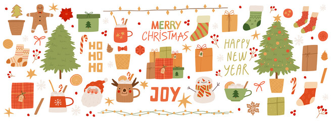 Big set of Christmas and New Year elements. Santa Claus, gingerbread cookies, gifts, snowman, toys, tree, cocoa cups and lettering. Vector cartoon flat illustration.