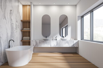 Obraz na płótnie Canvas Bright bathroom interior with two sinks, bathtub, oval mirrors, window