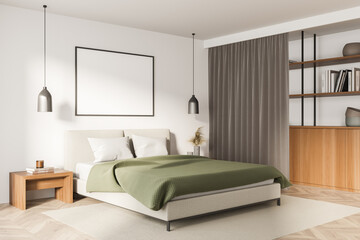 Horizontal white canvas in grey and green bedroom. Corner view.