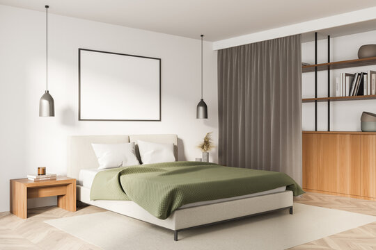 Horizontal white canvas in grey and green bedroom. Corner view.