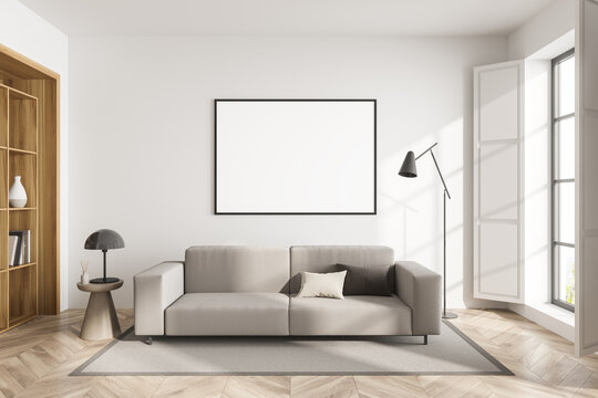 White guest room interior with sofa and shelf, window and mockup poster