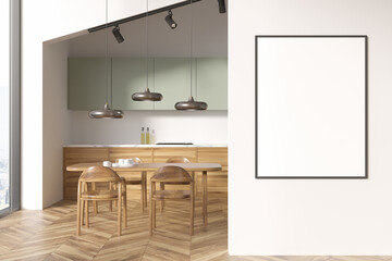 Light kitchen interior with dining table and chairs, window and mockup poster