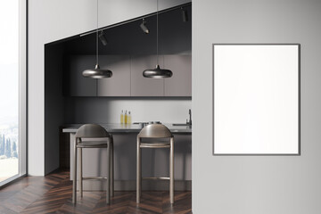 Dark kitchen interior with dining table and bar chairs, window and mockup poster