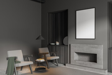 Dark living room interior with empty white poster, fireplace