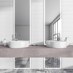 Bright bathroom interior with two sinks, mirror with reflection