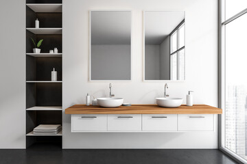 Obraz na płótnie Canvas White bathroom interior with sinks and mirrors, shelf and window