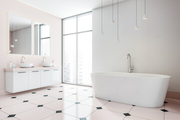 Light bathroom interior with bathtub, sinks with mirror and panoramic windows