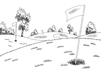 Golf course graphic art black white landscape sketch illustration vector 