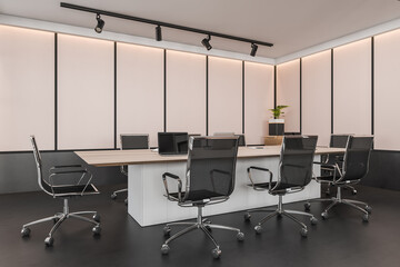 Corner view on dark office room interior with, desk, laptops