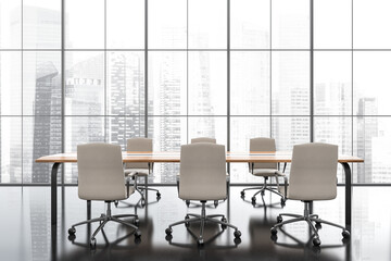 Bright office interior with panoramic window with Singapore city view