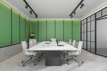 Bright office room interior with, desk, three laptops, seven armchairs