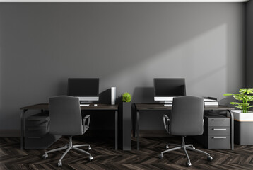 Dark business room interior with two seats, table with pc, mockup