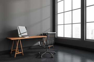 Dark business room interior with seat and table with pc near window, mockup