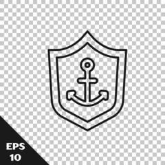 Black line Anchor inside shield icon isolated on transparent background. Vector