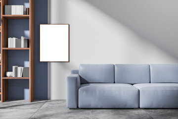 Bright living room interior with empty white poster, blue sofa