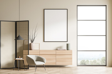 Light guest room interior with armchair and drawer with window, mockup poster