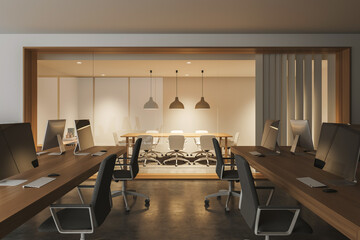 Bright office room interior with desktops, armchairs, conference board