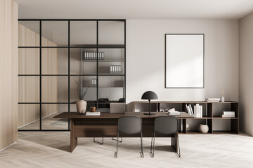 Bright office room interior with empty white poster, desk, laptop