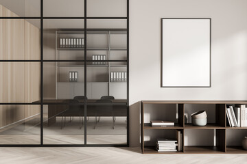 Bright office room interior with empty white poster, glass partition