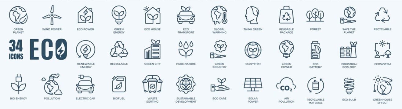 Ecology or Eco Icons Set. Collection of linear simple web icons such as Recycling, Alternative Green Energy Source and other. Editable vector stroke.