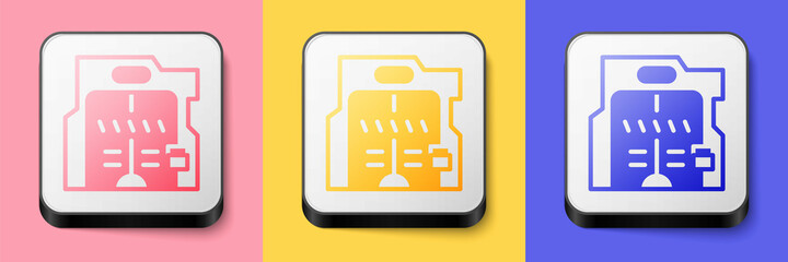 Isometric Futuristic sliding doors icon isolated on pink, yellow and blue background. Square button. Vector