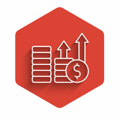 White line Financial growth and dollar coin icon isolated with long shadow. Increasing revenue. Red hexagon button. Vector