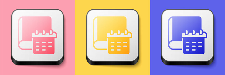 Isometric Daily paper notepad icon isolated on pink, yellow and blue background. Square button. Vector