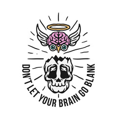 broken skull illustration with dead brain with wings on white background