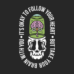 illustration of skull with glass jar on its head containing brain and eyes in liquid