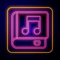 Glowing neon Audio book icon isolated on black background. Musical note with book. Audio guide sign. Online learning concept. Vector