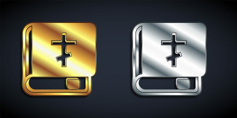 Gold and silver Holy bible book icon isolated on black background. Long shadow style. Vector