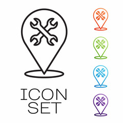 Black line Location with wrench spanner icon isolated on white background. Adjusting, service, setting, maintenance, repair, fixing. Set icons colorful. Vector