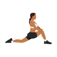 Fototapeta premium Woman doing hip flexor stretch exercise flat vector illustration isolated on white background