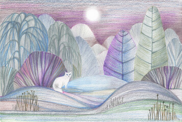 winter landscape of the forest with 
a white fox drawn with colored pencils