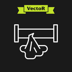 White line Broken metal pipe with leaking water icon isolated on black background. Vector