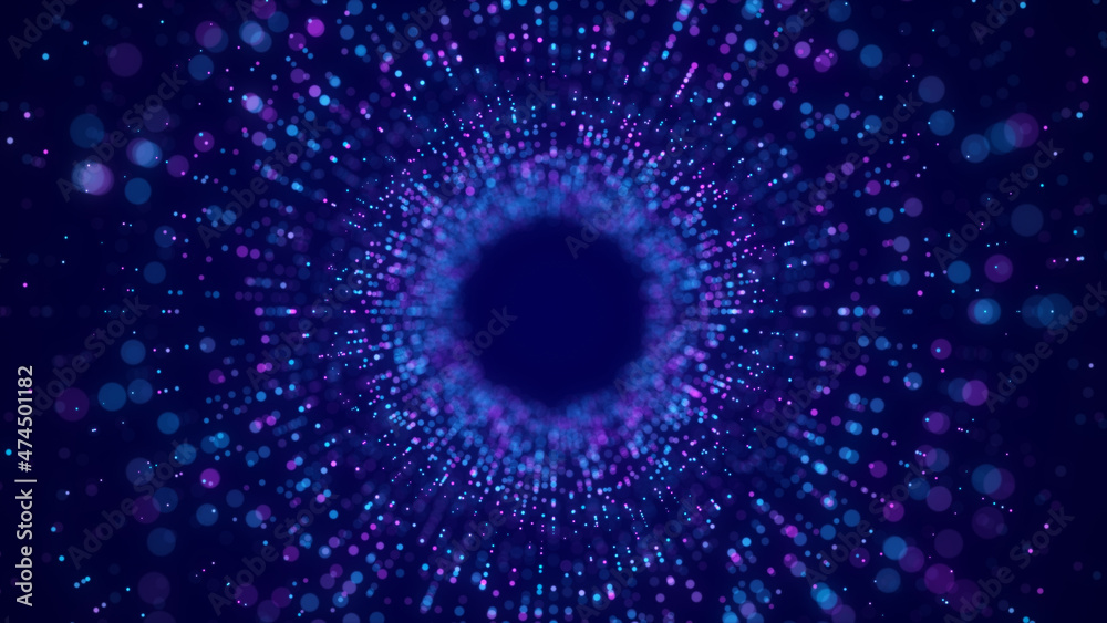 Wall mural cyber tunnel consisting of moving glowing points. futuristic infinite space background. concept of d