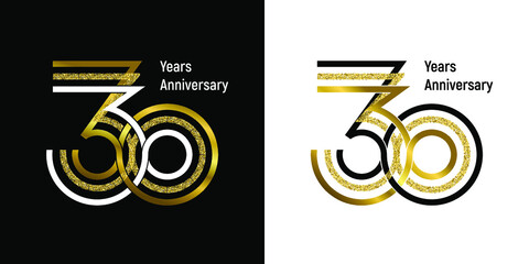 Elegant 30th anniversary logo template made from gold, black and white ribbons. Option on a dark and light background. Text in a vector file is easy to edit