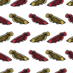 red and gold arowana fish seamless pattern