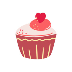Hand drawn cake, cupcake with a heart isolated on a white background. Doodle, illustration in a simple flat style. It can be used for decoration of textile, paper and other surfaces.