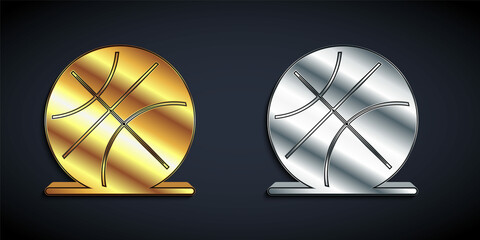 Gold and silver Basketball ball icon isolated on black background. Sport symbol. Long shadow style. Vector